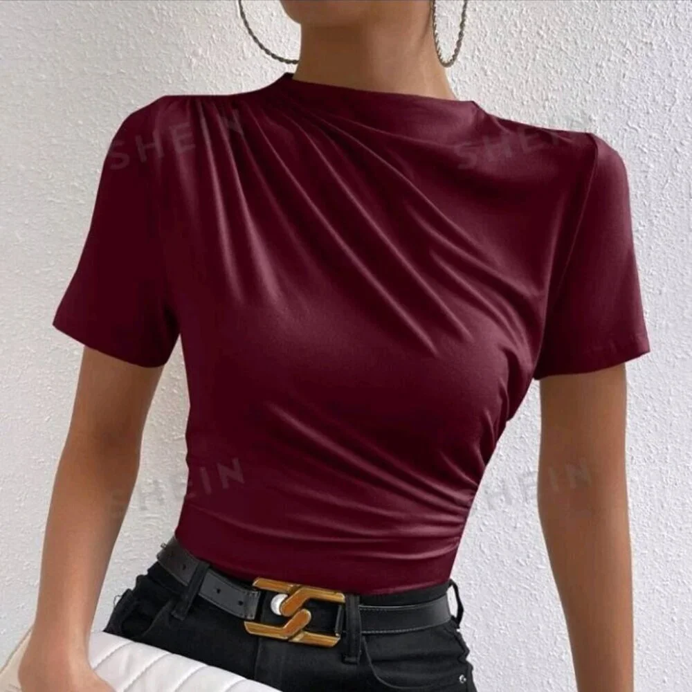 SHEIN Prive` Ruched Mock Neck Tee - Picture 1 of 7